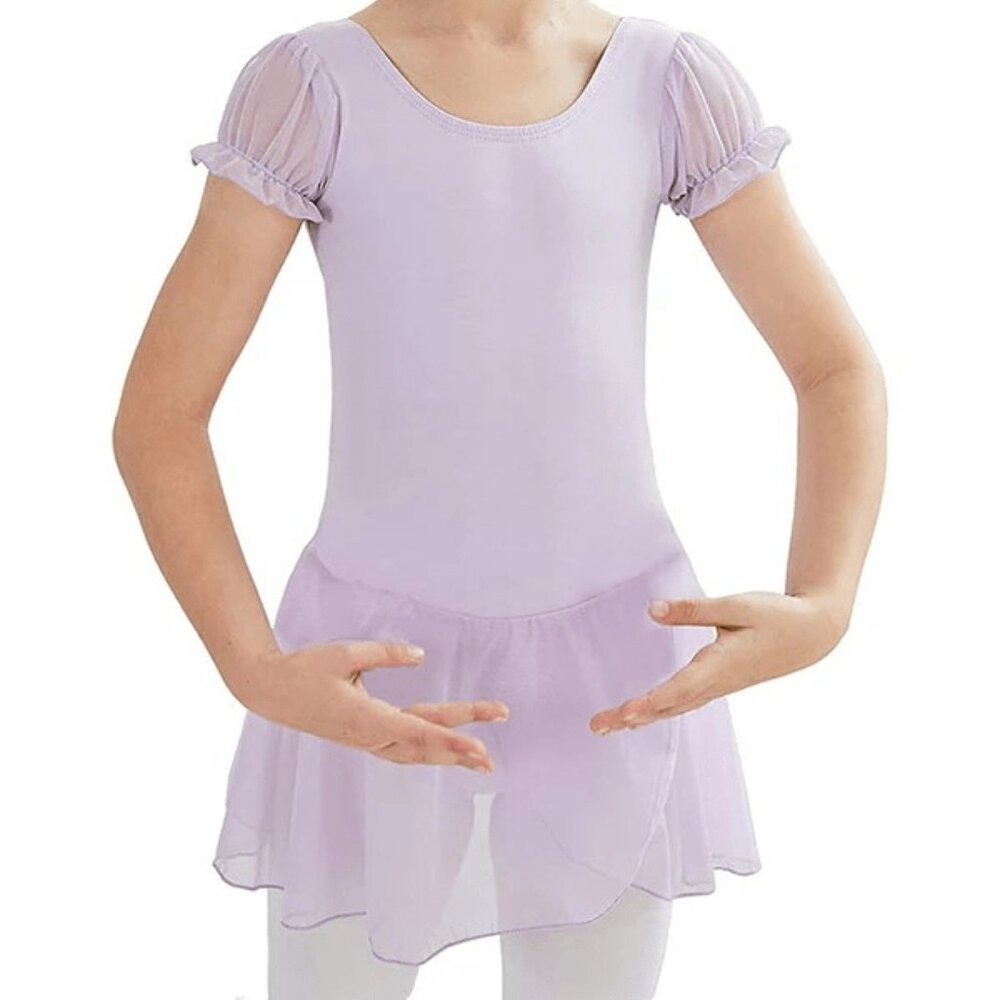 Girls Puffy Sleeve Skirted Leotard, Purple, M